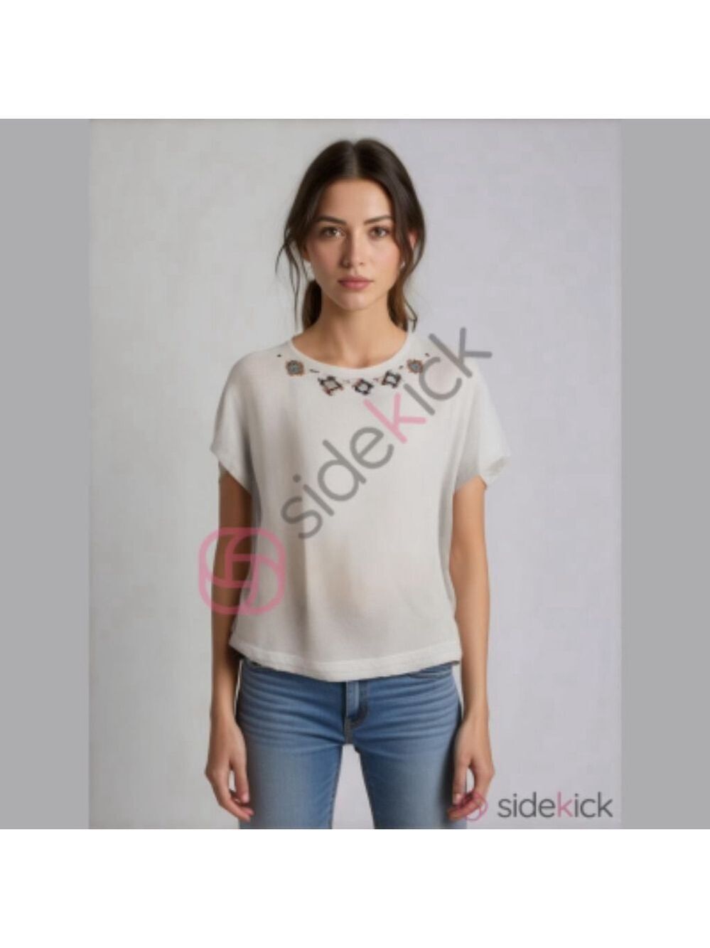 Women's New York T-Shirt M White Geometric Embroidery